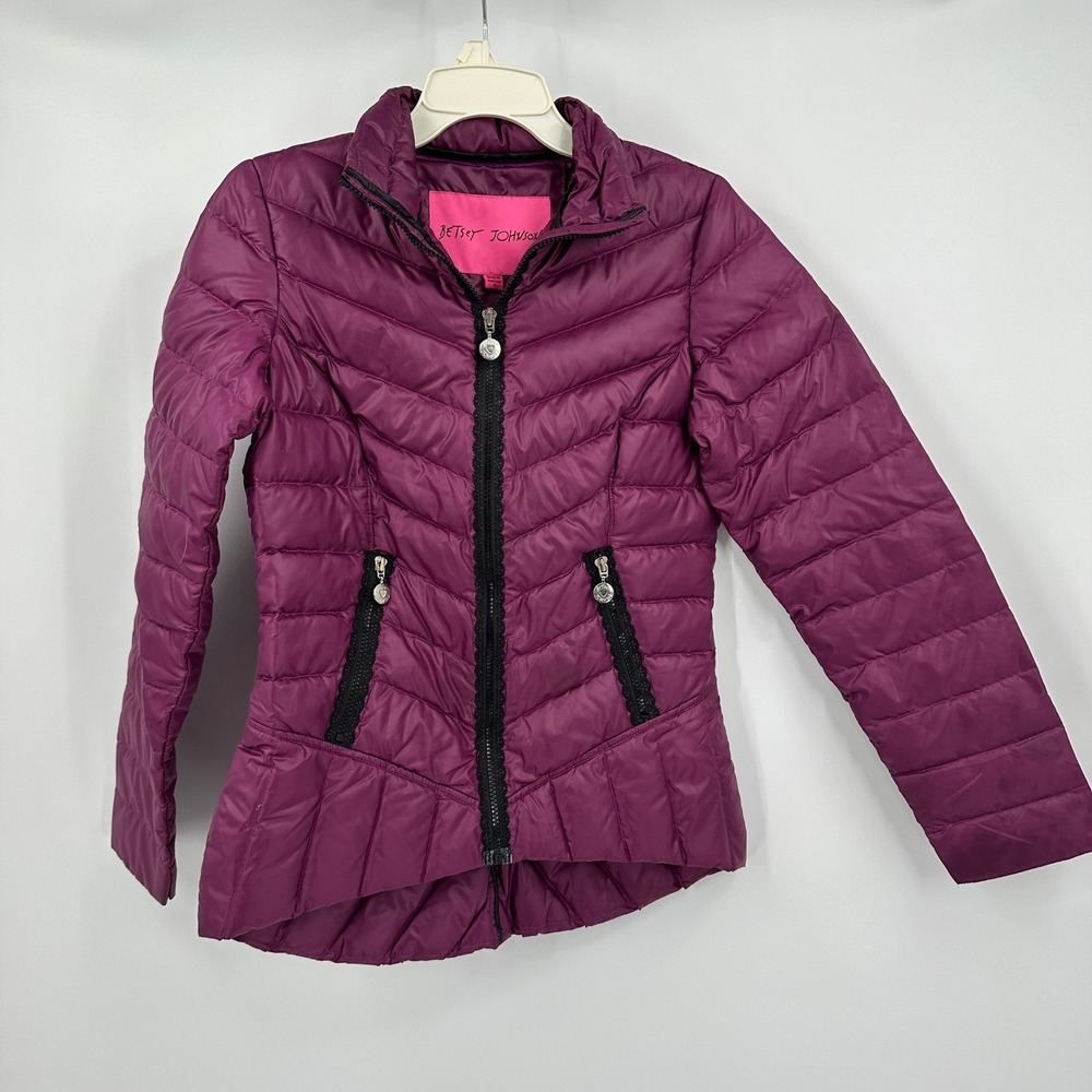 Betsey Johnson Womens Down Quilted Puffer Jacket Size S Plum Feminine Streetwear